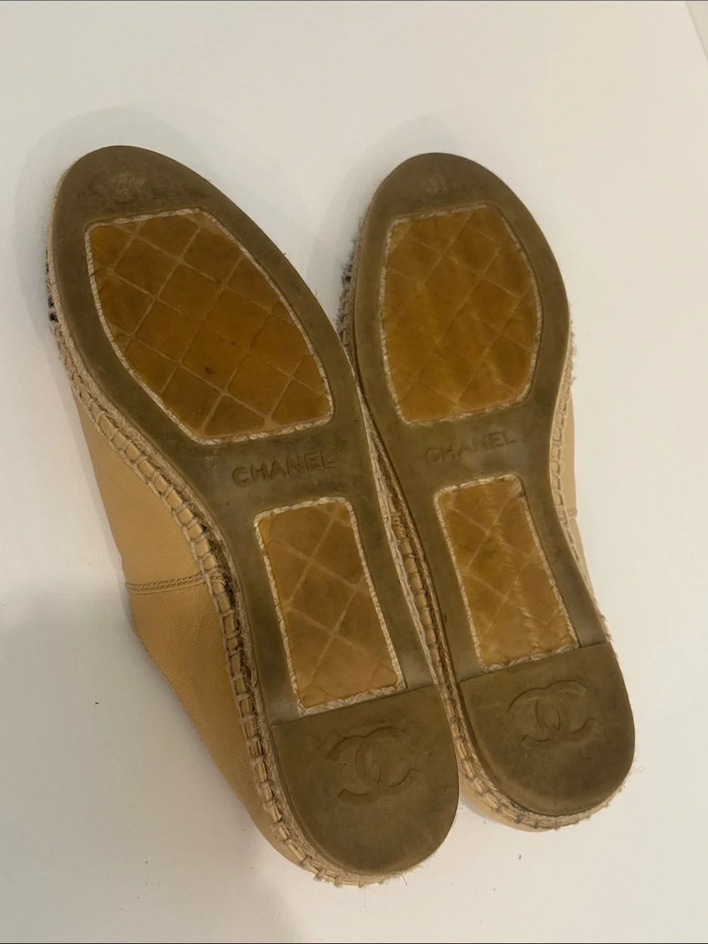 CHANEL Beige Leather Espadrille Flats with Black Cap Toe